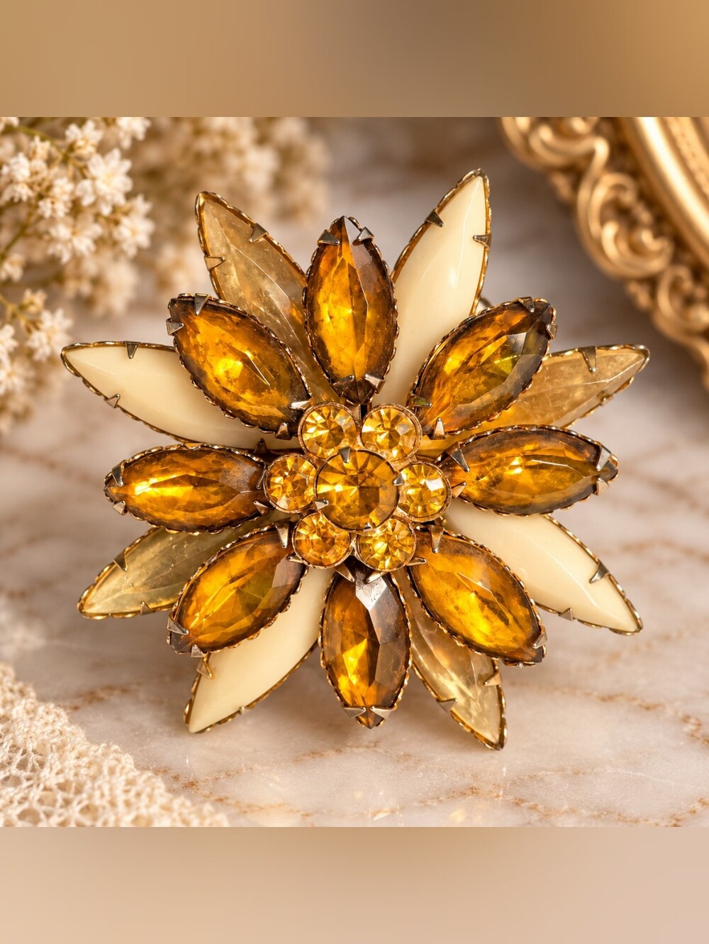 Vintage Amber & Milk Glass Flower Brooch Gold Tone Rhinestone Statement Pin